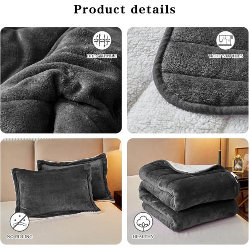3-Layer Luxury Flannel Fleece Thick Bed Blanket Full Queen Size, Soft Plush Velvet Sherpa Blanket with 2 Pillow Shams Heavy Warm for Winter, Breathable n Washable, Dark Gray