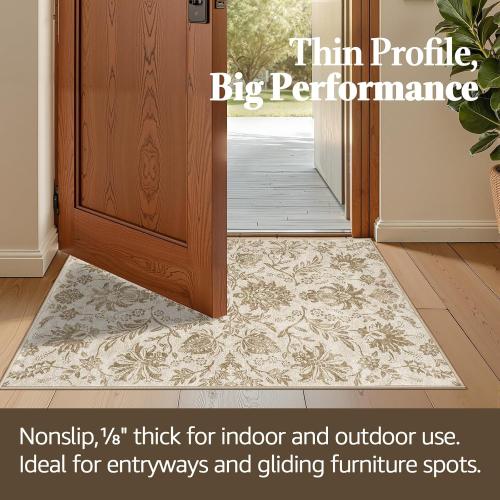 jinchan Torino Floral 5x7 Area Rugs, Vintage-Inspired Neutral Design Accent Rug, Machine Washable Ultra-Thin Low-Pile Non-Slip Traditional Carpet for Living Room Bedroom Dining Room Home Office, Taupe