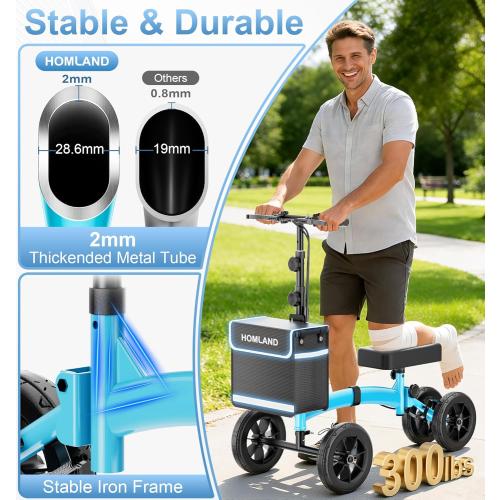 HOMLAND Knee Scooter Walker for Adults Foot Injuries Ankle Surgery, Foldable Steerable Leg Scooters with Dual Handbrake, Height Adjustable Handle & Knee Pad, Removable Storage Bag, 300 lbs Capacity
