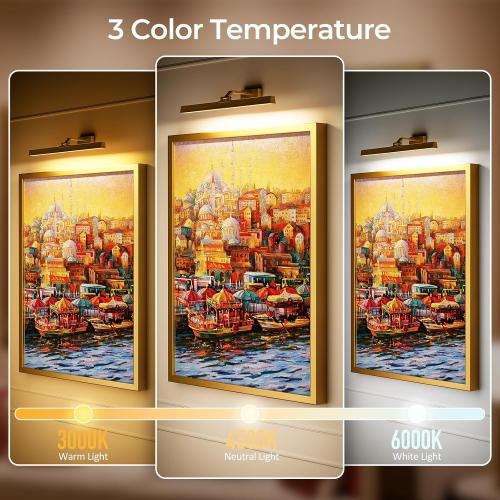 Size Medium Color Gold Picture Lights for Wall, Battery Operated Picture Light 24in Gallery Light for Paintings CCT Dimmable Recharging Battery Wall Light with Remote Control for Living Room Gallery Dartboard
