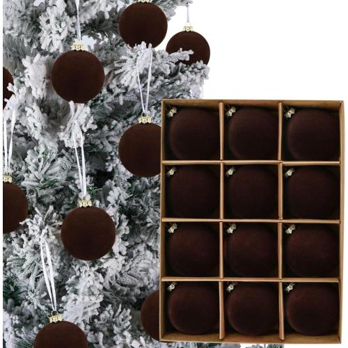 12pcs Christmas Tree Hanging Ball Decoration 2.4Inch Velvet Christmas Ornaments Balls Flocked Shatterproof Plastic Xmas Tree Ball for Party Holiday Wedding Home Decor (1, Coffee, 12PCS)