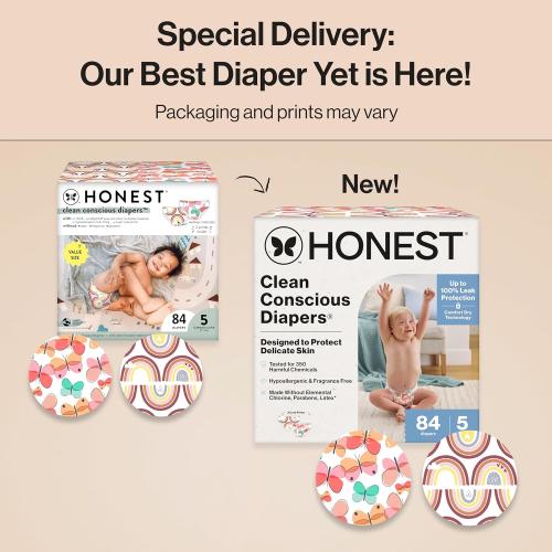 The Honest Company Clean Conscious Diapers for Sensitive Skin Up to 100% Leakproof Hypoallergenic Fragrance-Free Baby Girl Prints Super Club Box Size 5 (27 lbs) 84 Count (Prints