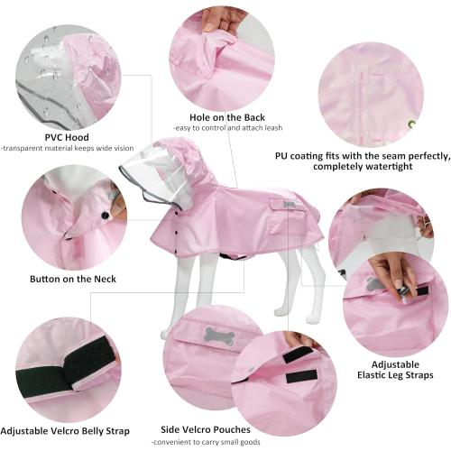 Light Pink Size Large Waterproof Dog Raincoat, Adjustable Reflective Lightweight Pet Rain Clothes with Poncho Hood (Light Pink, Large)