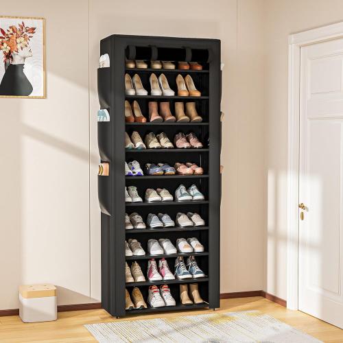 OYREL Large Shoe Rack, Black, 6 Side Pockets, 23.6 Wide x 11.4 Deep x 68.9 Tall, 36-41 Pairs of Shoes