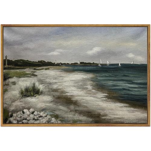 SHENIFY 24x36in Large Vintage Landscape Seascape Framed Canvas Wall Art Seaside Coastal Scenery Classic Hallway Bathroom Office Decor - Natural Framed