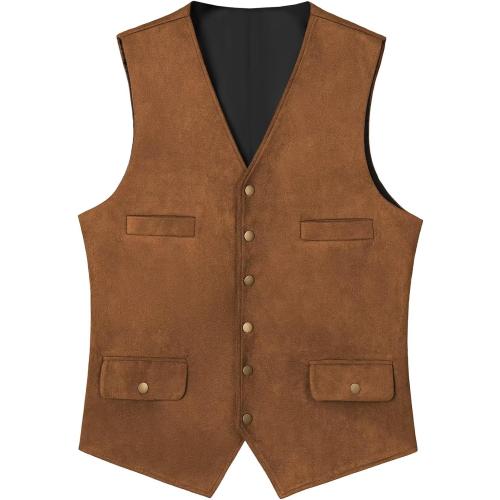 Size/S color brown Men's Suede Leather Vest Retro Western Cowboy Waistcoat Casual Slim Fit Sleeveless Jacket