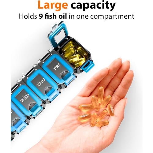 Weekly Pill Organizer 1 time a Day – Pill Box 7 Day with Enhanced Waterproof Seal, Large compartments Hold Big Vitamins & Supplements, Upgraded Locking lids, for Home & Travel use, Durable Hard case