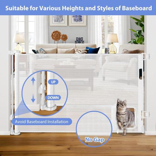 WHITE Retractable Baby Gate with Cat Door 55 Wide Retractable Baby Gate for Stairs Mesh Baby Gate with Pet Door Retractable Dog Gate for The House Retractable Pet Gate with Door Safety Gates for Toddlers