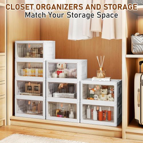 4 Tier Storage Bins with Lids, 23QT Stackable Closet Organizers and Storage with Wheels, Collapsible Storage Boxes, Foldable Plastic Storage Containers for Home,Office, Dorm Room-White