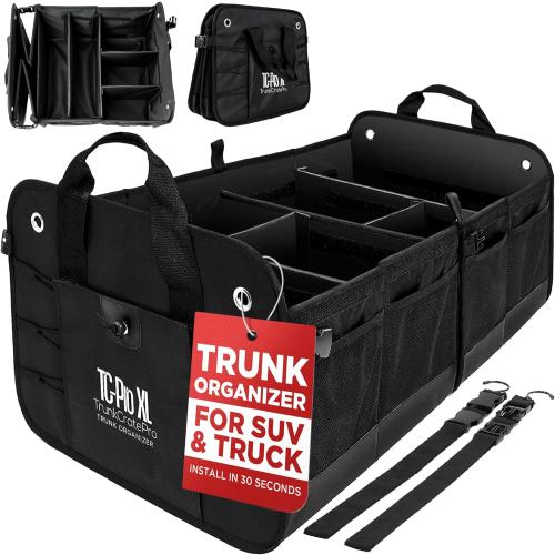 TRUNKCRATEPRO Size  XL Color Black  Premium SUV, Truck, Car Trunk Organizer With Expandable Compartments - Lightweight Foldable Cargo Organizer