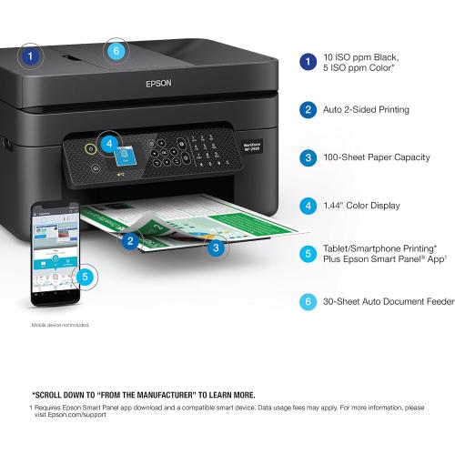 Epson Workforce WF-2930 Wireless All-in-One Printer with Scan, Copy, Fax, Auto Document Feeder, Automatic 2-Sided Printing and 1.4 Color Display,Black
