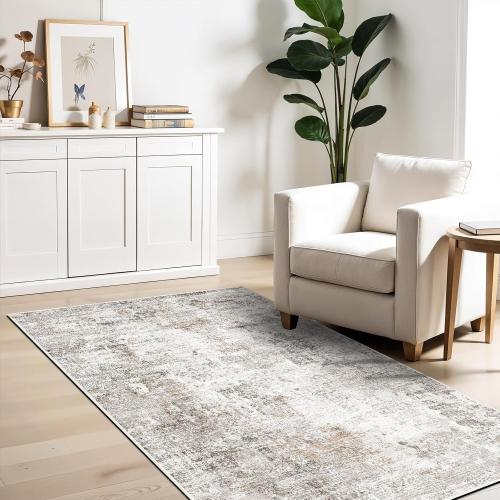 Washable 3x5 Entryway Rug - Non-Slip Soft Low-Pile Thin Small Area Rugs for Kitchen Bedroom Living Room Hallway – Modern Abstract Neutral Door mat Indoor（Beige Grey）