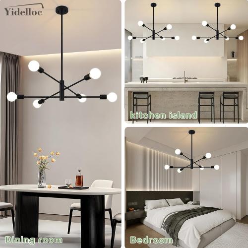 6 Lights Black Sputnik Chandeliers Modern Light Fixtures, Mid Century Chandelier Adjustable Length Pendant Light for Dining Room, Bedroom, Living Room, Kitchen, Farmhouse
