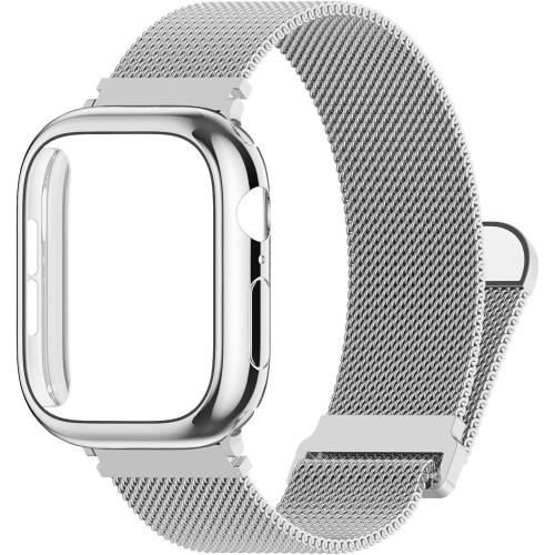 Waterproof Stainless Steel Milanese Band with Case Compatible for Apple Watch 38mm 40mm 41mm 42mm 44mm 45mm 46mm 49mm Women/Men,Magnetic Strap for iWatch Series 11 10 9 8 7 6 5 4 3 2 1 SE SE3 Ultra2/3