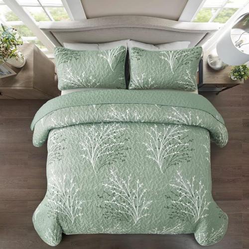 3 Pc Sage Green Quilt Set - Branch Botanical Pattern Bedspread Coverlet Set, 3 Piece Green Floral Quilt Bedding Set Soft Microfiber Daybed Cover for All Season