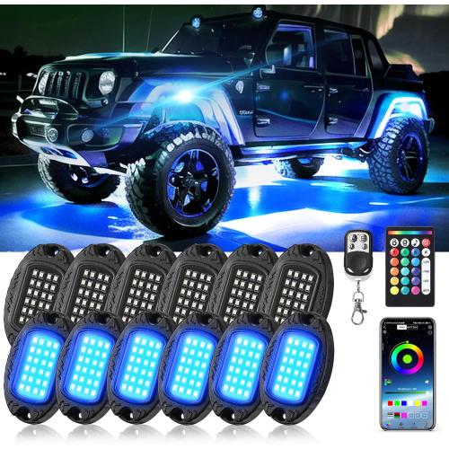 12Pods Metal RGB LED Rock Lights with Bluetooth APP/RF Remote Control, 288LED Multicolor Underglow Lights Kit with Dual Zone Music Mode 12V Underbody Light Waterproof for Trucks Jeep Golf Cart Pickup