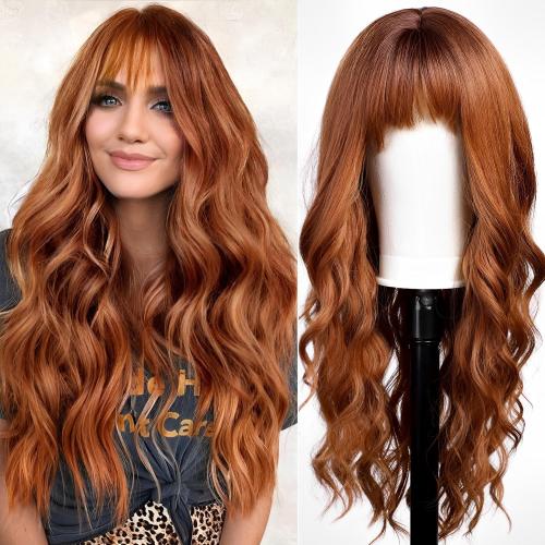 Orange Wigs with Bangs,Ginger Long Wavy Wig for Women,Long Curly Synthetic Hair Wig for Party Daily Use 24IN
