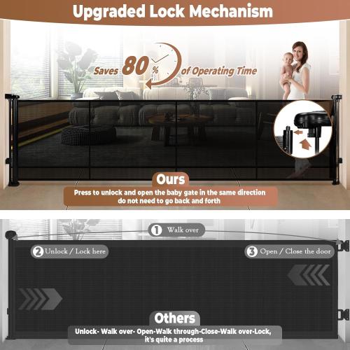 Black 200.1 x 35.1 Retractable Baby Gate Extra Wide, 35.1 Tall Retractable Dog Gate for Stairs, Doorways, Decks, Mesh Gate Long Child Gate Pet Gate for Indoor, Outdoor, with Reinforced Mesh Rods, Dual Locks