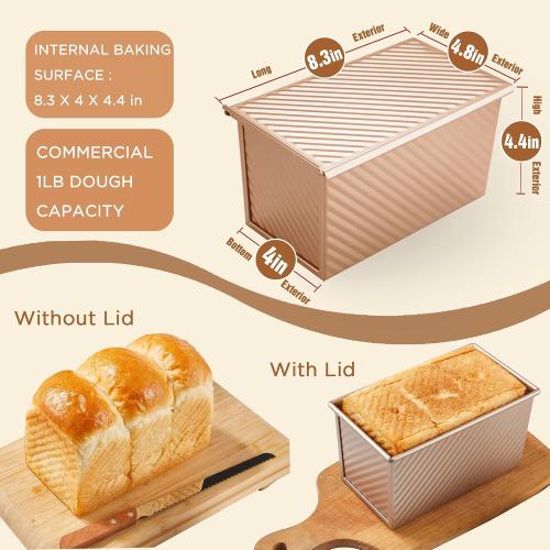 KITESSENSU Pullman Loaf Pan with Lid 1 Pack, 1 lb Dough Capacity Non-Stick Bakeware for Baking Bread, Carbon Steel Corrugated Bread Toast Box Mold with Cover for Baking Bread, Gold