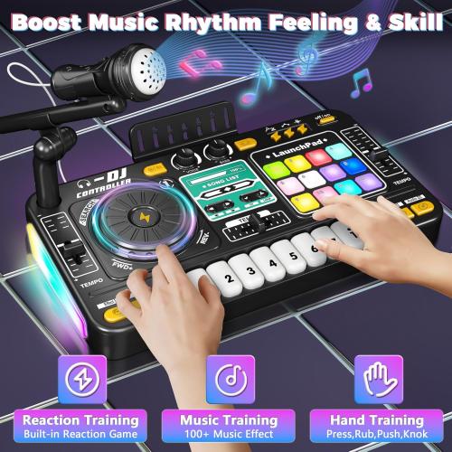 OZMI Kids DJ Music Mixer Table Board Set Toy with Microphone, Lights – Interactive Musical Toys for Ages 3-12 | 100  Sounds, Piano Keys, Disco Mode, Rechargeable for Kids Boys & Girls
