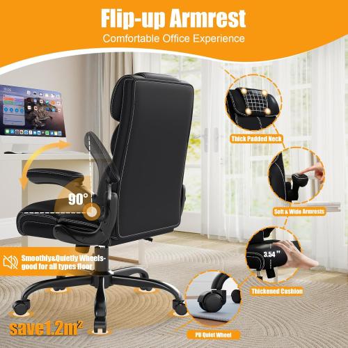 Executive Office Chair with Flip-up Armrests,Ergonomic Computer Desk Chairs,Mid-Tall Back Leather Office Chair,Lumbar Support Swivel PC Chair with Rocking Function