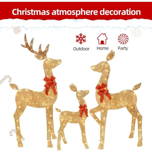 HOYECHI 5 FT Oversized Christmas Decorations Outdoor Lighted Reindeer – 3-Piece 2D Deer Family Set with 160 Warm White LED Lights for Yard, Lawn, Garden & Porch Holiday Display - Gold