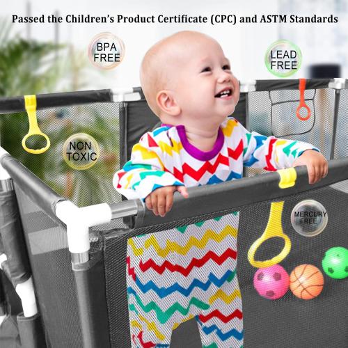 Large Baby Playpen 74''×50'', Play Pen Playards for Babies Toddlers, Ball Pit with Basketball Hoop & Soccer Nets, Kids Activity Fence Play Yard with Anti-Slip Base & Soft Breathable Mesh (Dark Grey)