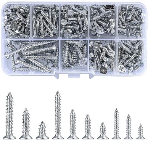250G Self Tapping Screws Assortment Fasteners Set, M3/M4/M5 Sheet Metal Screws Fasteners Kit, Round Drive Flat Countersunk Head Wood Screws for Woodworking - 10 Sizes