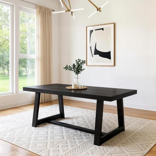 Plank Beam 72 Inch Farmhouse Dining Table, Solid Wood Rustic Kitchen Table, Large Wooden Rectangular Dinner Table for Dining Room, Home Office, Living Room Furniture, Easy Assembly, Black Wirebrush
