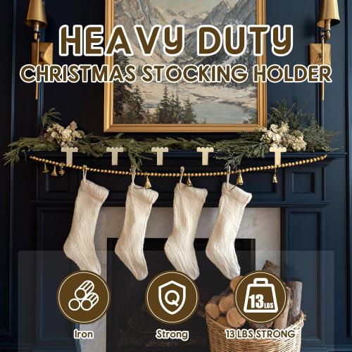 4 Pcs Heavy Duty Christmas Stocking Holders Scalloped Brass Non-Slip Mantel Fireplace Stocking Hangers for Xmas Counter Tables Fireplace Mantle Decoration