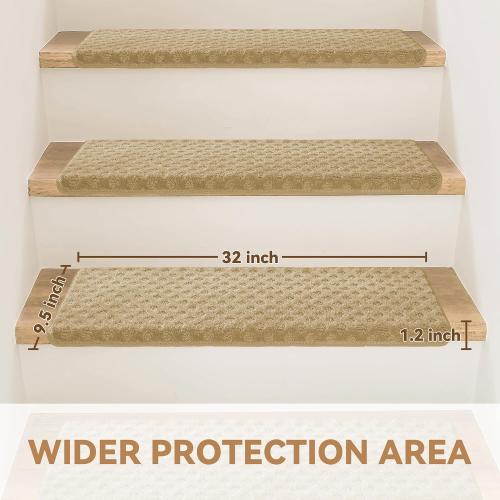 Size 9.5 x 32, Bullnose Stair Treads Non Slip 9.5 x 32, 14 Pcs Carpet Stair Treads for Wooden Steps Indoor with Edge Protection, Reusable Peel and Stick TPU Backing Stair Runner Rugs - Lattice Pattern Beige