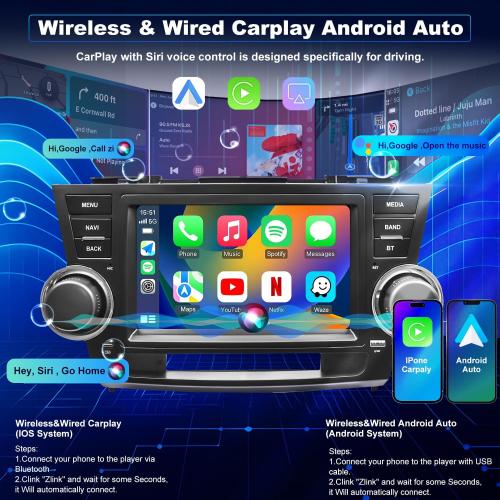 4Core 64G 5GWiFi Upgrade Car Radio for Toyota Highlander 2008-2013, Car Stereo Bluetooth Head Unit 8inch Touch Screen Radio Wireless Carplay Android Auto Backup Camera GPS FM （Only Fit Small Screen）