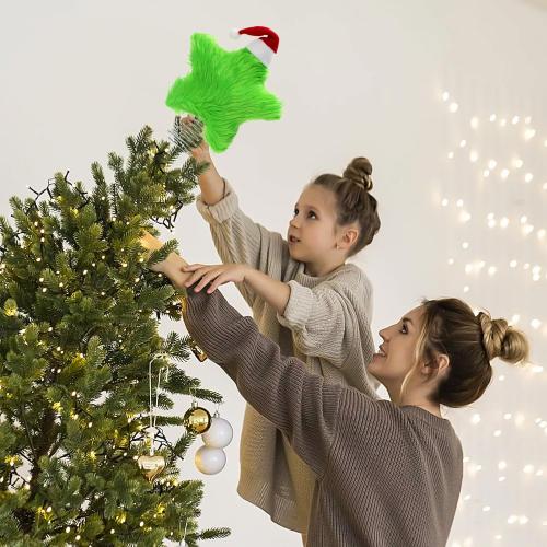 Plush Star Tree Topper with Santa Hat Furry Star Treetop Christmas Tree Toppers Ornaments Xmas Home Holiday Decoration 9 (Green)