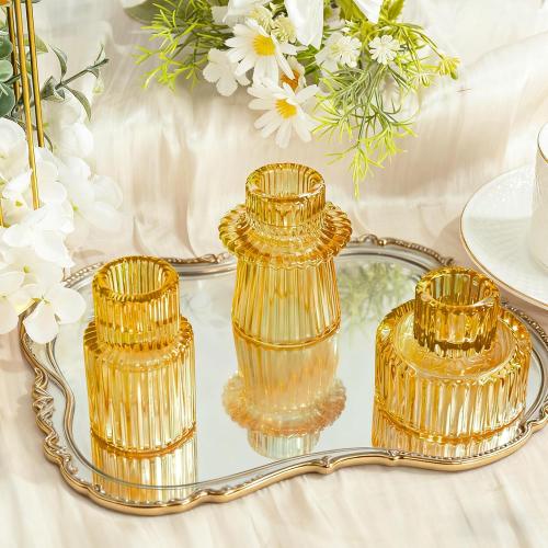 WELLIFE 3 Pcs Amber Glass Candle Holder, Taper Candle Holder, Amber Glass Candlestick Holder for Party, Wedding Decorations, Table Centerpieces and Thanksgiving