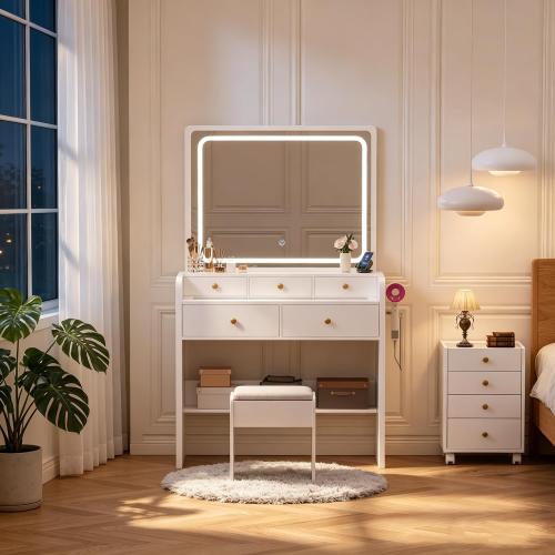 Makeup Vanity Desk Set with LED Lighted Mirror Glass Top Dressing Table & Stool, 5 Storage Drawers, Power Outlet, Hair Rack Stepless Dimmable Lights (3 Color Modes), White (the mirror is broken; see the picture) (NO TEST)