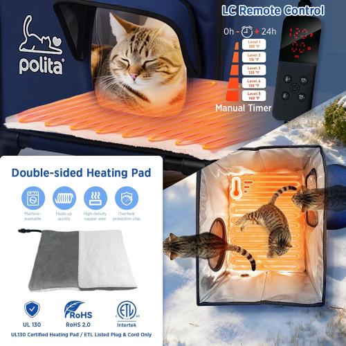 Polita Indestructible Heated Cat House for Outdoor Cats All Seasons, Extremely Insulated & 100% Weatherproof, Elevated Feral Cat Shelter with Waterproof Eaves &Safe Escape Door for Stray & Barn Cats​​