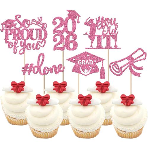 24 Pack 2026 Graduation Cupcake Toppers Glitter So Proud of You Done Diploma Grad Cap Cupcake Picks You Did it Cake Decorations for 2026 Graduation Theme Party Decorations Supplies Pink