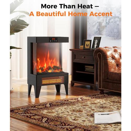 Electric Fireplace Stove Heater - Freestanding Fireplace Heater for Indoor Use with Realistic 3D Flame, Adjustable Thermostat & Remote, Quiet, Timer for Living Room and Bedroom
