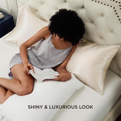 Bedsure Satin Body Pillow Cover with Zipper, Similar to Silk Body Pillow Pillowcase, Soft & Breathable Long Pillow Case, Cooling & Silky Long Pillowcase for Hair and Skin, Gifts, Beige, 20x54 Inches