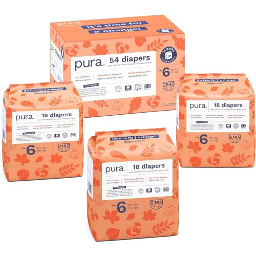 Pura Size 6 Eco-Friendly Diapers (29  lbs) Hypoallergenic, Soft Organic Cotton, Sustainable, up to 12 Hours Leak Protection, Allergy UK, Recyclable Paper Packaging, 18 Count (Pack of 3) (54 Diapers)