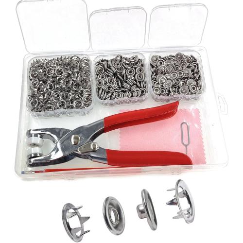 KAXIMON Snap Fasteners Kit 200 Sets, Metal Snap Button Kit with Fastener Pliers No Sewing, 9.5mm Snap on Button Kit Rust Proof DIY Press Studs Button Fix Tools for Fabric Clothing, chrome, SNAP-9.5MM
