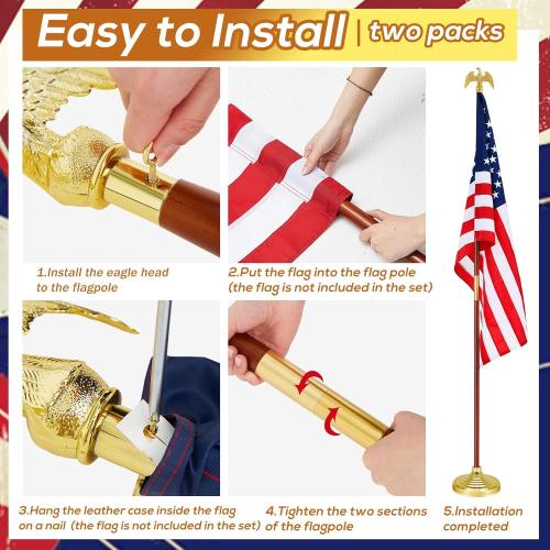 Shimeyao 2 Pack 8 ft Indoor Flag Pole Set with Base and Eagle Topper, Telescoping Flagpole with Stand Holder for Office, Hall and City Display, Flag Not Included(Wood Color,Wood)