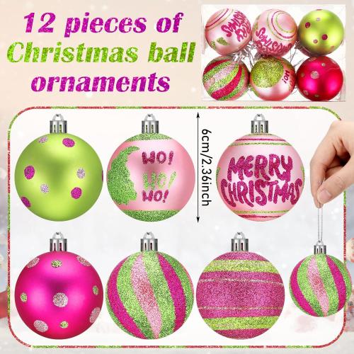 Vercraft 12 Pcs 2.4 Inch Christmas Ball Ornaments for Tree, Xmas Glittering Hanging Bulbs Pink and Green Plastic Pendants Baubles for Christmas Tree Ornaments Xmas Holiday Party Decor Favors