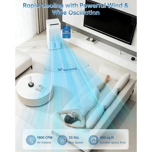 Portable Air Conditioners, Swamp Cooler Portable AC Unit for Room, Windowless Cooling Fan That Blow Cold Air w/Remote 5L Tank 12 Speeds 9H Timer, Evaporative Air Cooler for Bedroom Garage (White)