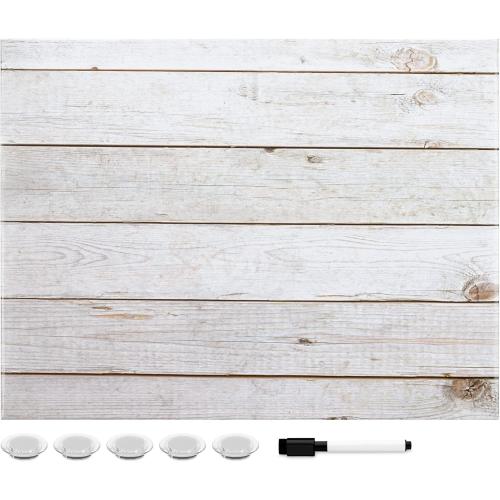 Navaris Magnetic Dry Erase Board - 13 x 17 inches Decorative White Board for Wall with Design, Includes 5 Magnets and Marker - Wooden Planks
