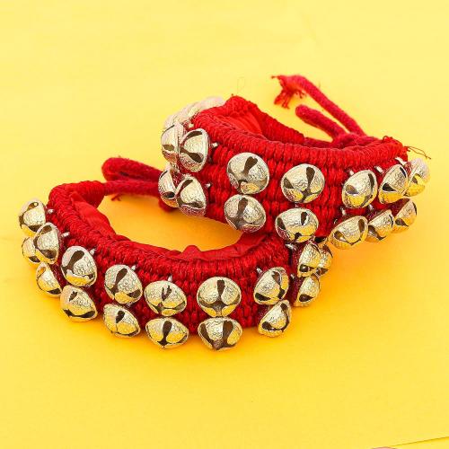 Dancing Bells Ghungroo Pair Indian Classical Dance Accessories with Colored Cushion Pad Best Dance Metal Brass Anklets Bells Ghunghroo Pad (Red, Double Line)