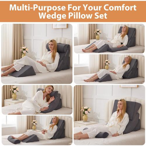 4PCS Wedge Pillow Set for After Surgery, Orthopedic Bed Wedge Pillow for Back Pain Relief, Sitting up in Bed,Recovery, Acid Reflux, Snoring, Body Pillow for Sleeping,Leg,Shoulder Support, Velvet Grey