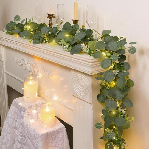 N&T NIETING 1 Pack Artificial Eucalyptus Garland with Lights, 6FT Artificial Greenery Garlands, Battery Operated Twig Vine for Room Stairs Mantle Wedding Holiday Easter Decoration Indoor Outdoor