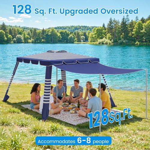 MoKo Beach Cabana,120 Sq. Ft. Large Beach Canopy Tent Sun Shade, UPF 50  Protection Easy Setup Beach Tent, Adjustable Height Wind Resistant Cabana Sun Shelter for Whole Family, Navy Stripes