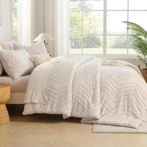 Andency King Size Comforter Set Beige, Boho Cream Soft Warm Tufted Neutral Bedding Comforter Sets for King Size Bed, 3 Pieces Aesthetic Chevron Farmhouse Cute Bohemian Textured Bedding Set